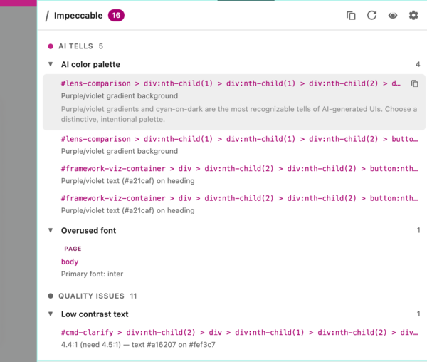 Impeccable Chrome extension panel listing detected anti-patterns